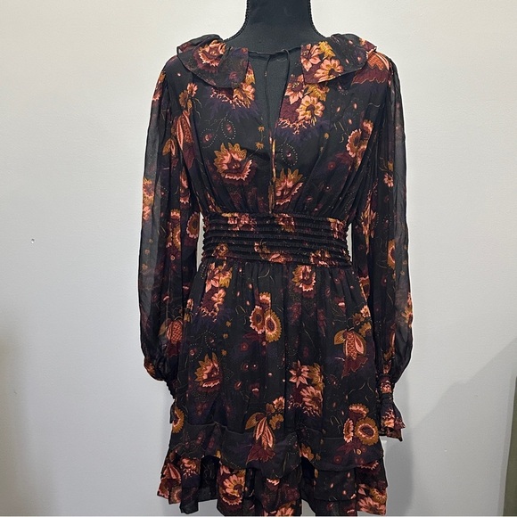 ULLA JOHNSON Adara black orange floral print silk ruffle sheer long sleeve dress